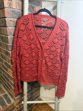 Vince Camuto Crochet Open Knit Cardigan Red Coral Women’s L